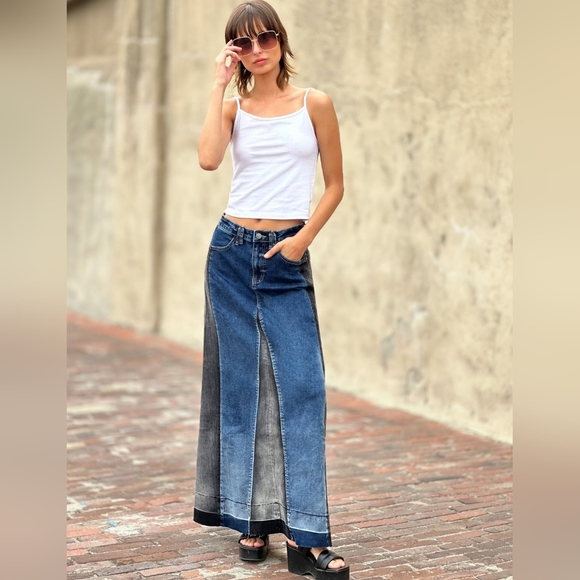Wash Lab Denim Mixed Denim Maxi Skirt - Picture 2 of 14